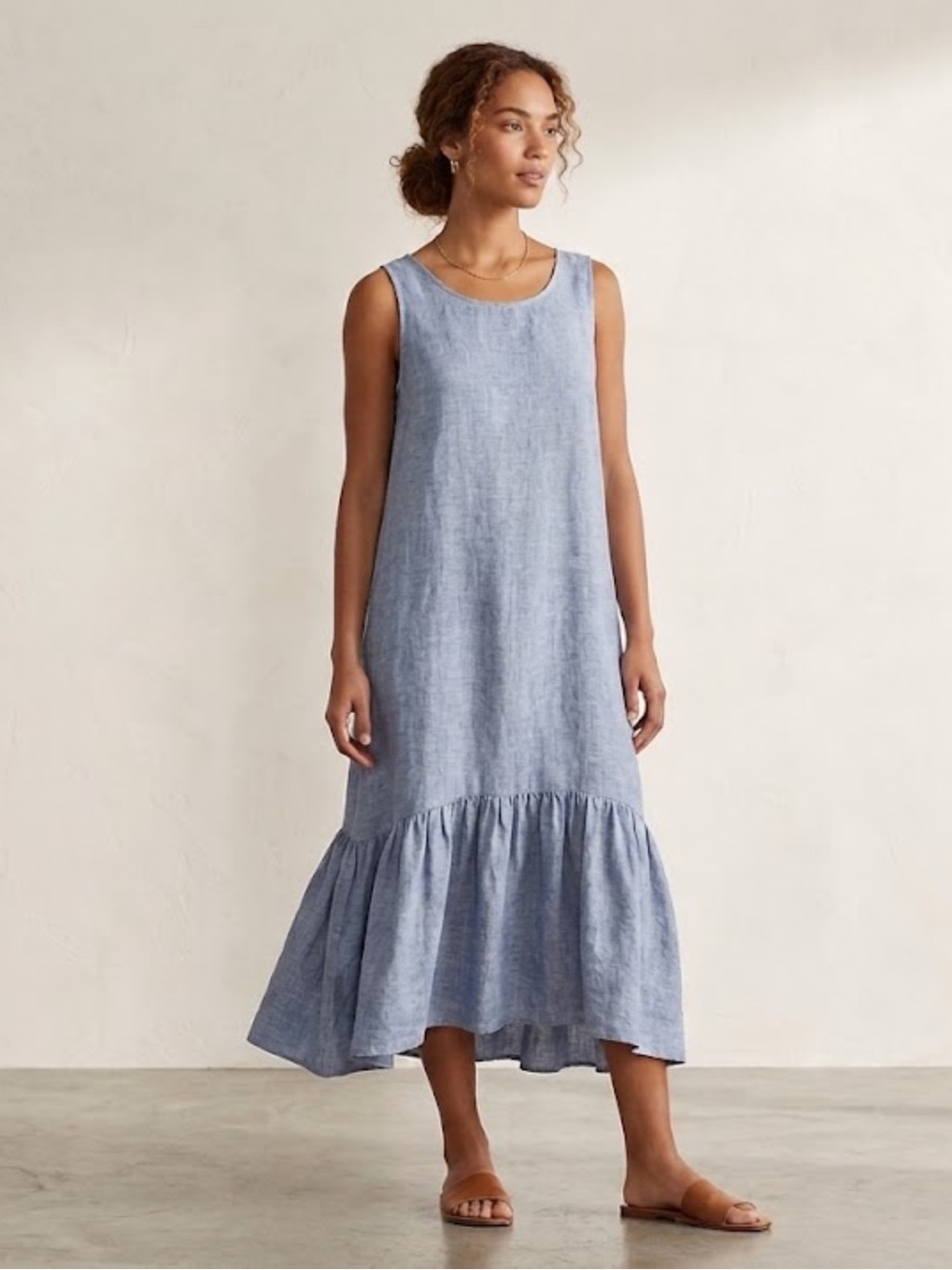 Polo Ralph Lauren Sleeveless Blue Linen Ruffle-Hem Midi Dress